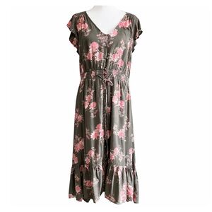 Lucky Brand Floral Maxi Dress XL Olive Green Pink Boho Tiered